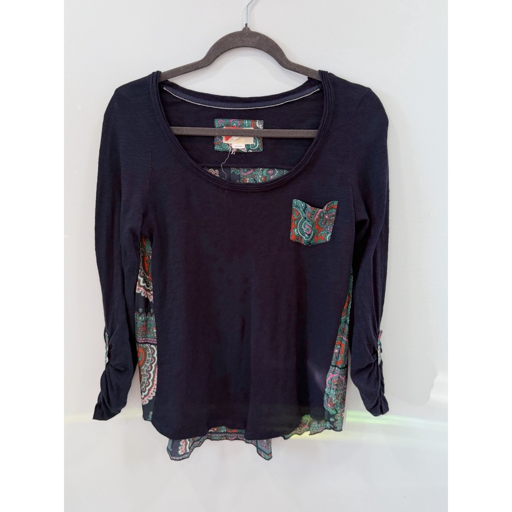 Anthropologie Paper Locket Paisley Mixed Media Pleated Back Top Small Navy